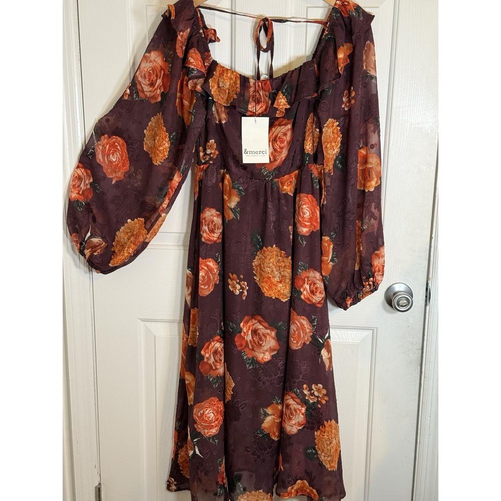 NWT &merci Floral Boho cottage purple orange sheer Balloon Sleeve Midi Dress S
